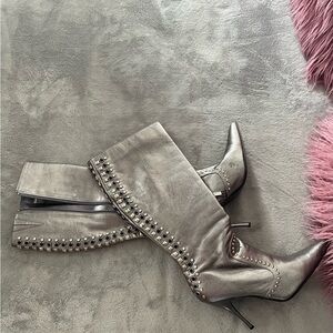 Colin Stuart Metallic Gray Studded Knee-High Pointed-Toe Boots